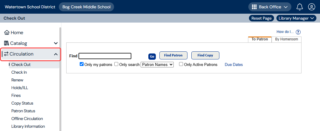 Check Out page with Circulation menu item highlighted.