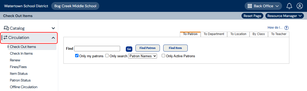 Check Out Items page with Circulation menu item highlighted.