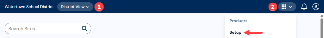 Primary navigation bar with District view and the Applications menu, Setup option highlighted.