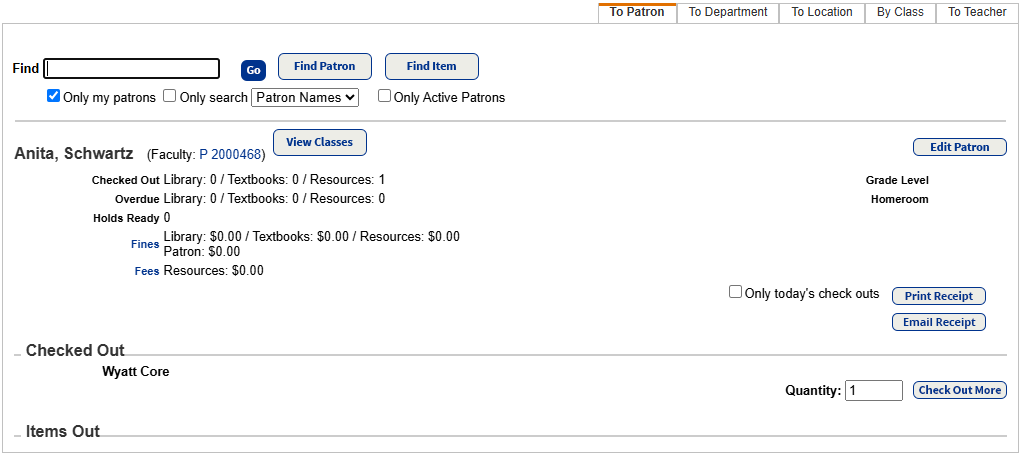 Unbarcoded item showing in the Checked Out section.